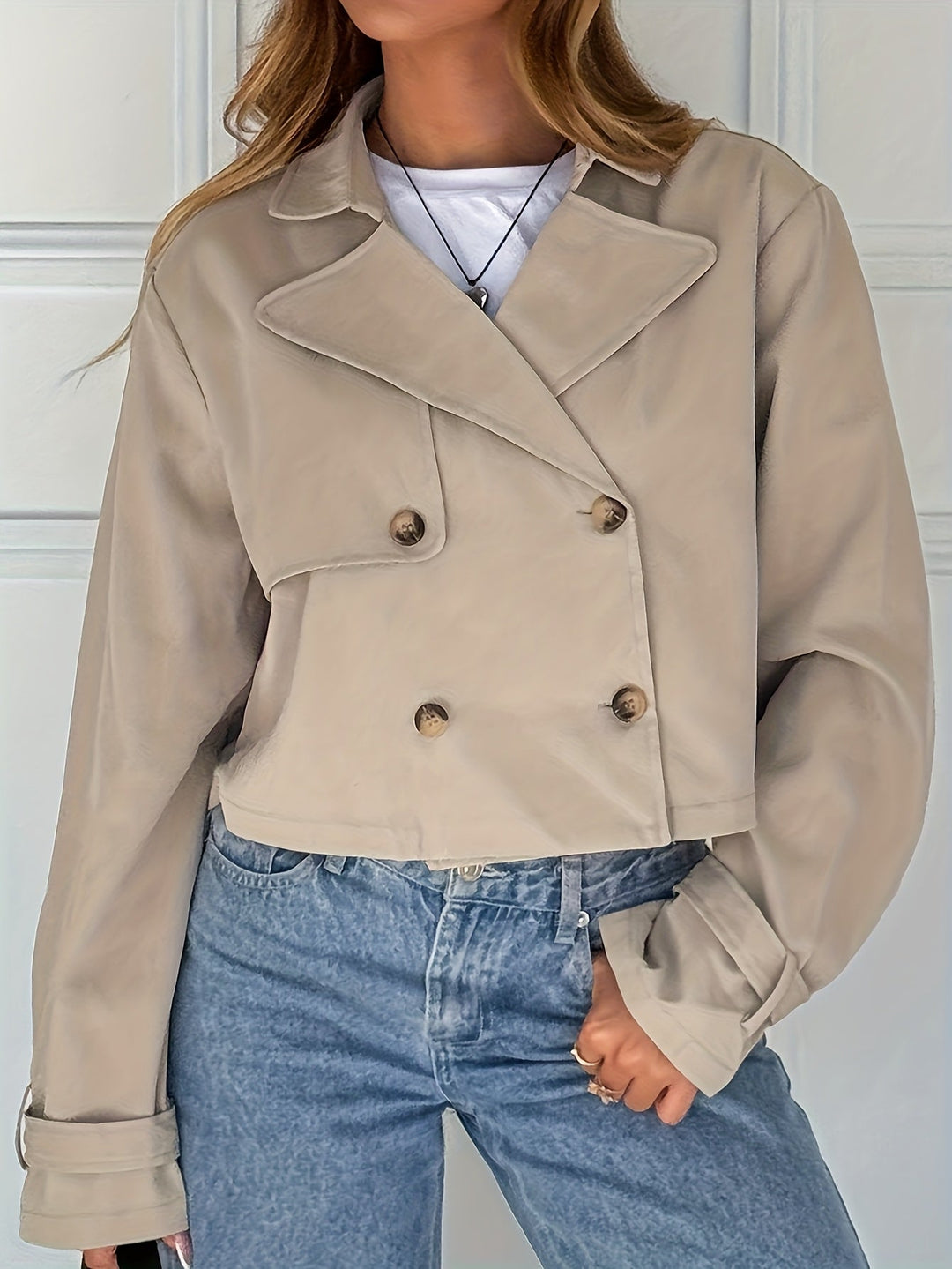 Women's Chic Khaki Faux Leather Pea Coat