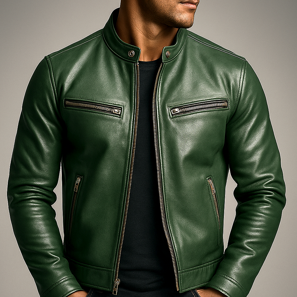 Men's Classic Faux Leather Zip-Up Biker Jacket with Stand Collar
