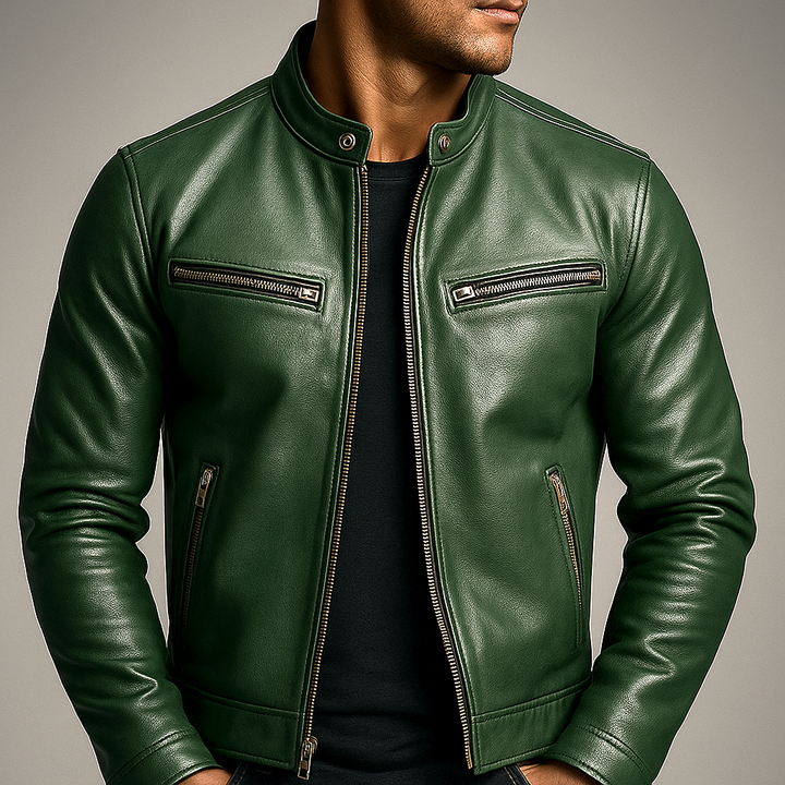 Men's Classic Faux Leather Zip-Up Biker Jacket with Stand Collar