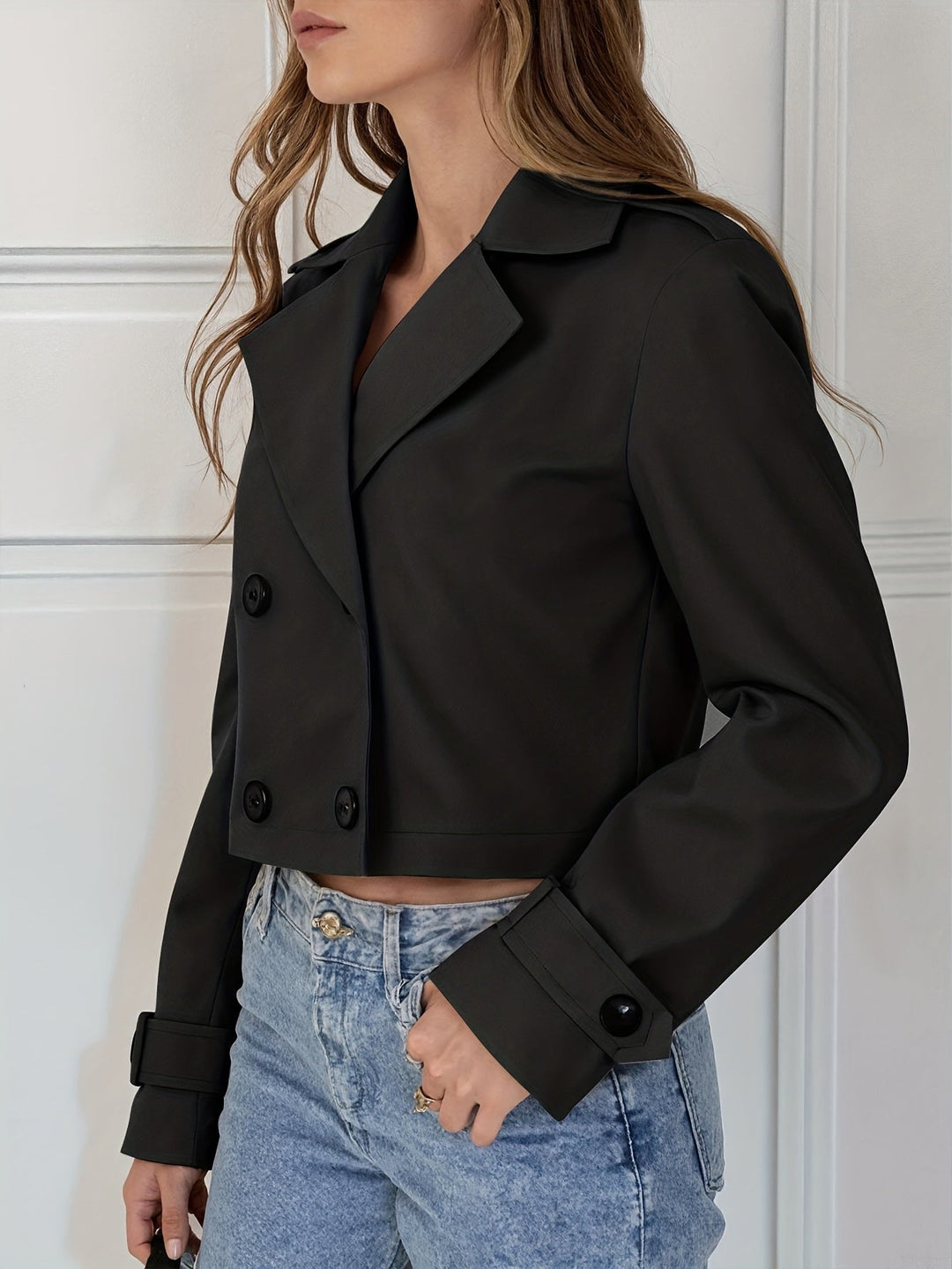 Women's Classic Brown Cropped Double-Breasted Pea Coat