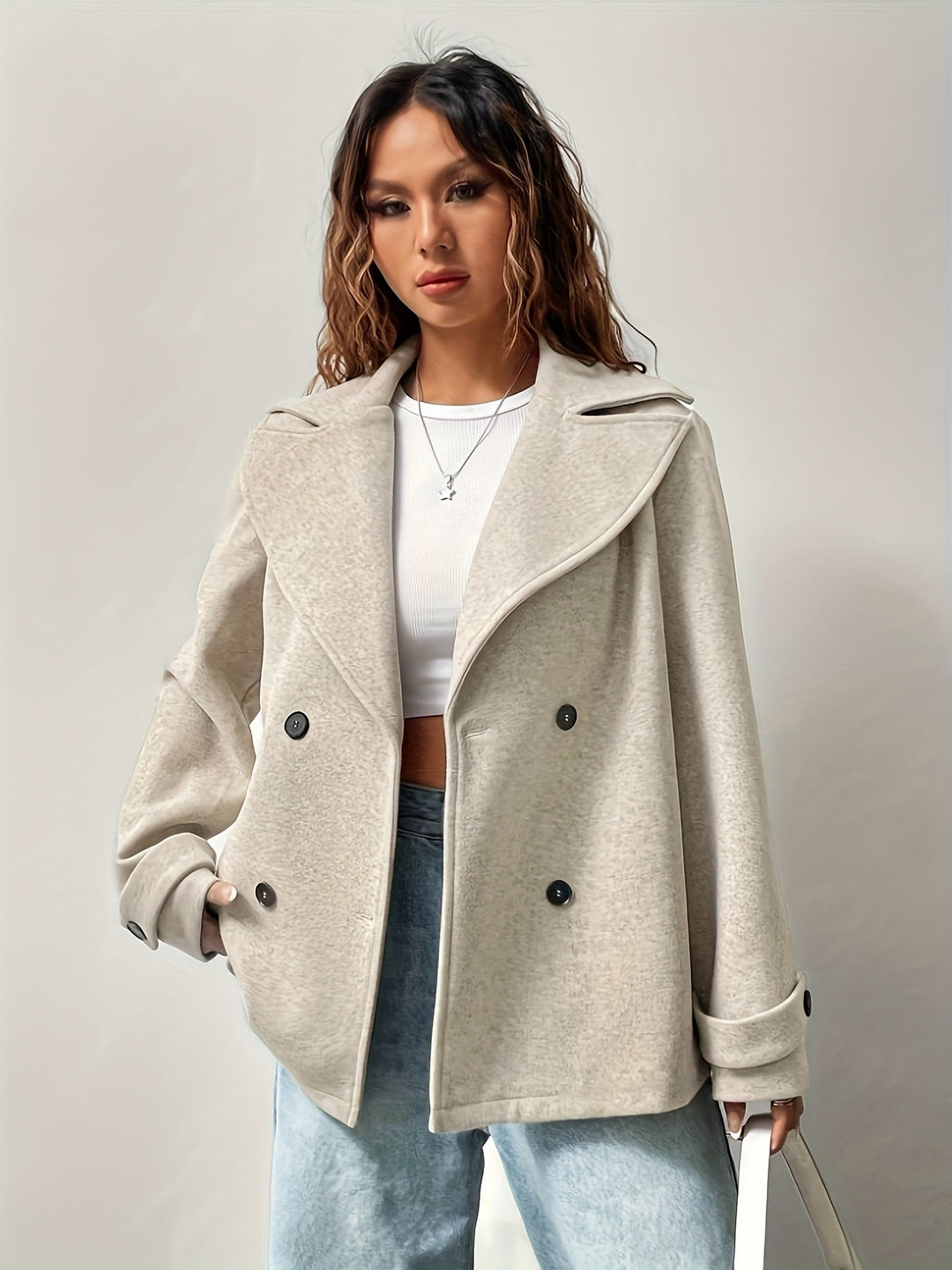 Women's Sophisticated Beige Double Breasted Wool Fleece Pea Coat