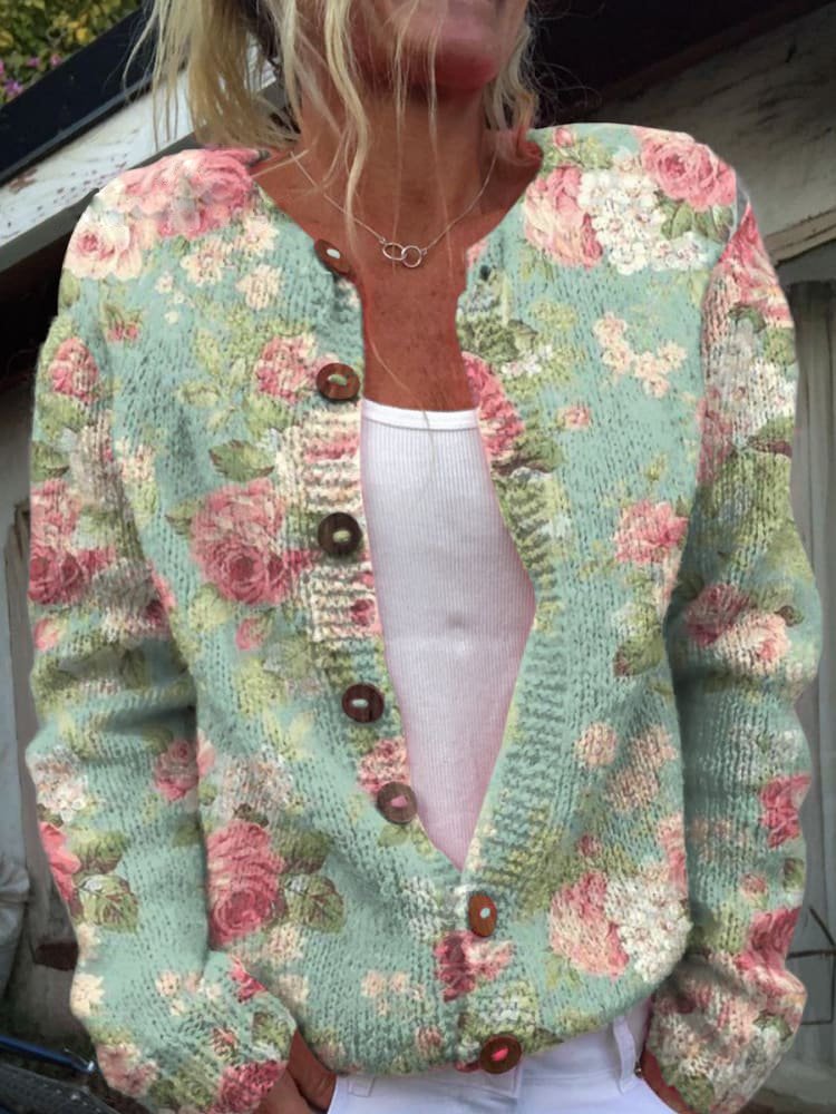 Women's Elegant Floral Knit Cardigan with Button-Up Front