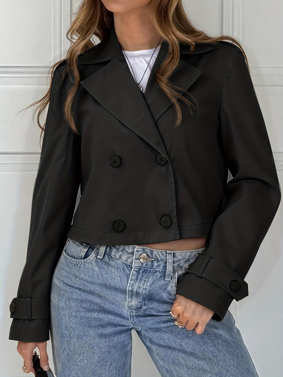 Women's Classic Brown Cropped Double-Breasted Pea Coat