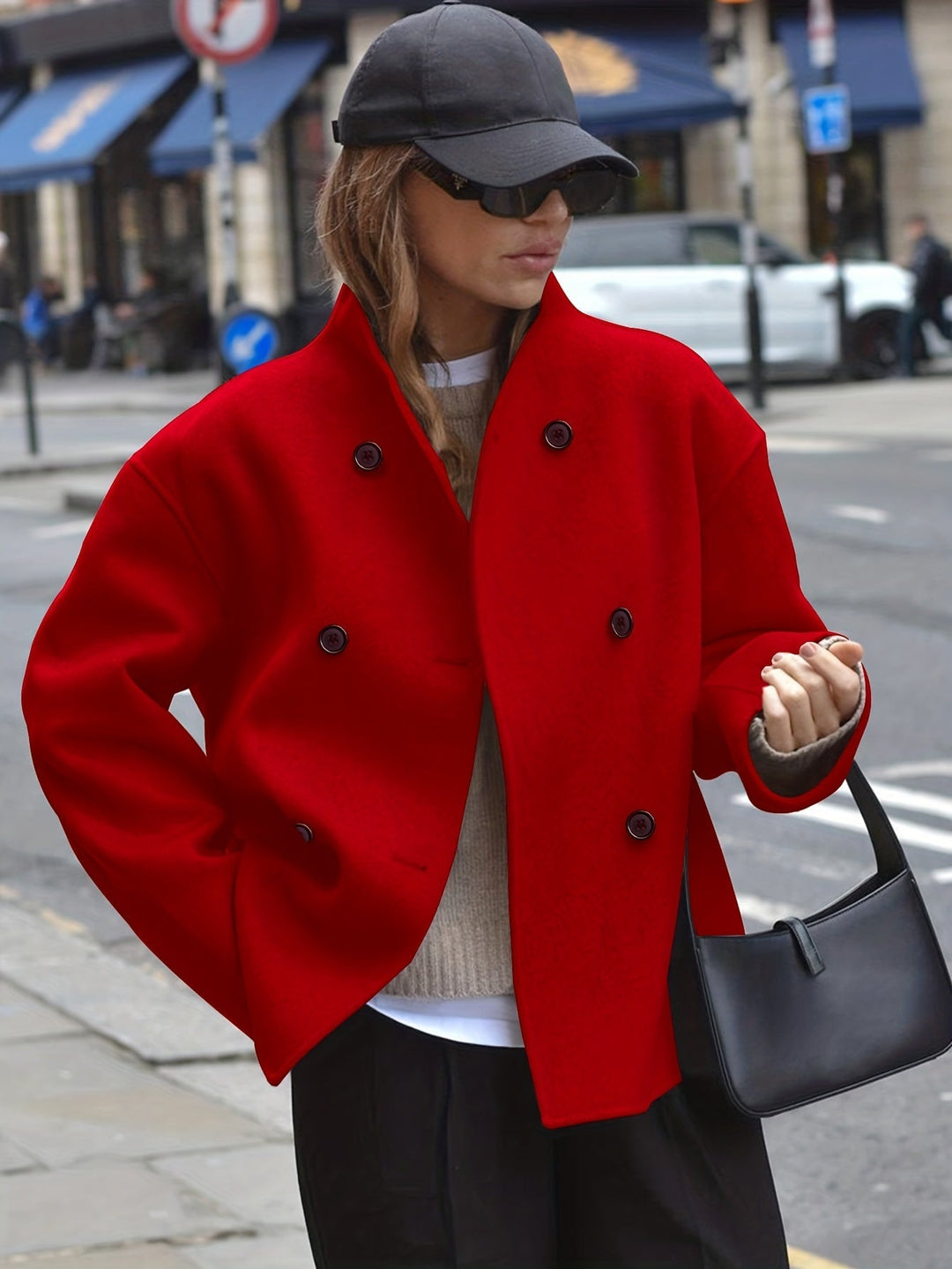 Women's Pretty Cropped Wool Pea Coat with Double-Breasted Closure