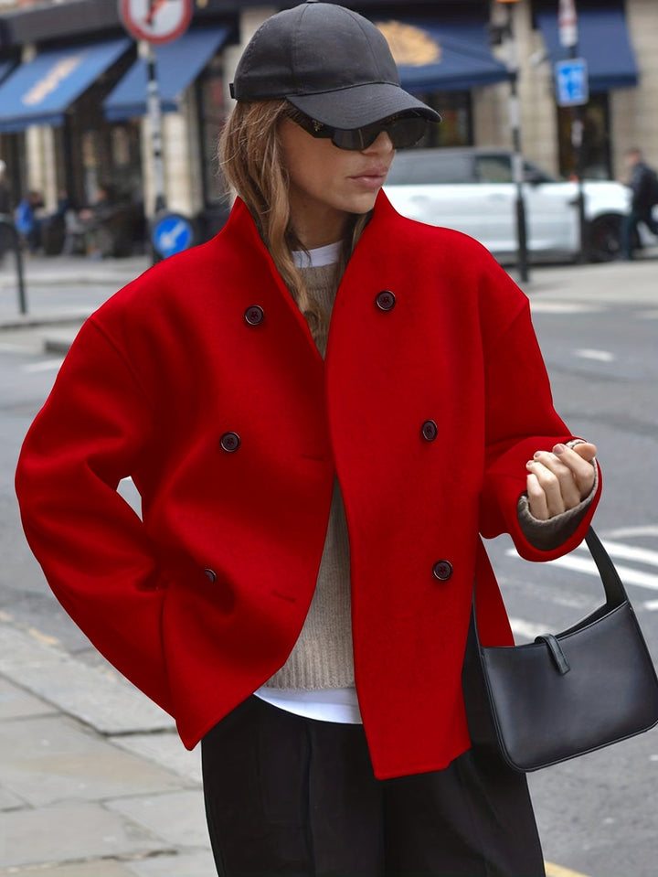 Women's Pretty Cropped Wool Pea Coat with Double-Breasted Closure