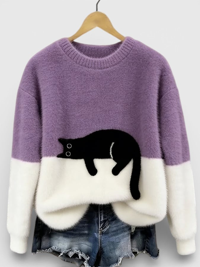 Women's Classic Cotton Crewneck Sweater with Fluffy Color Block Design