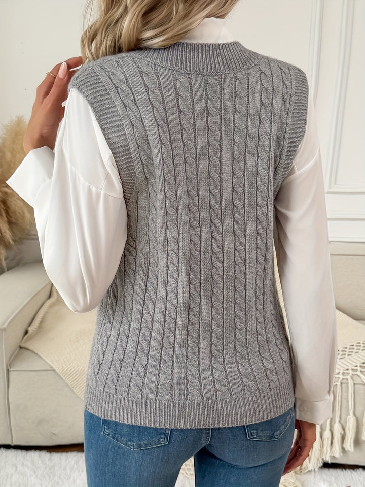 Women's Classic Grey Cable Knit Sweater Vest with V Neck