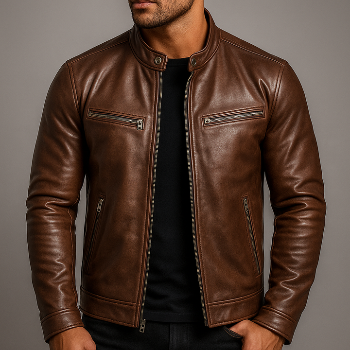 Men's Classic Faux Leather Zip-Up Biker Jacket with Stand Collar