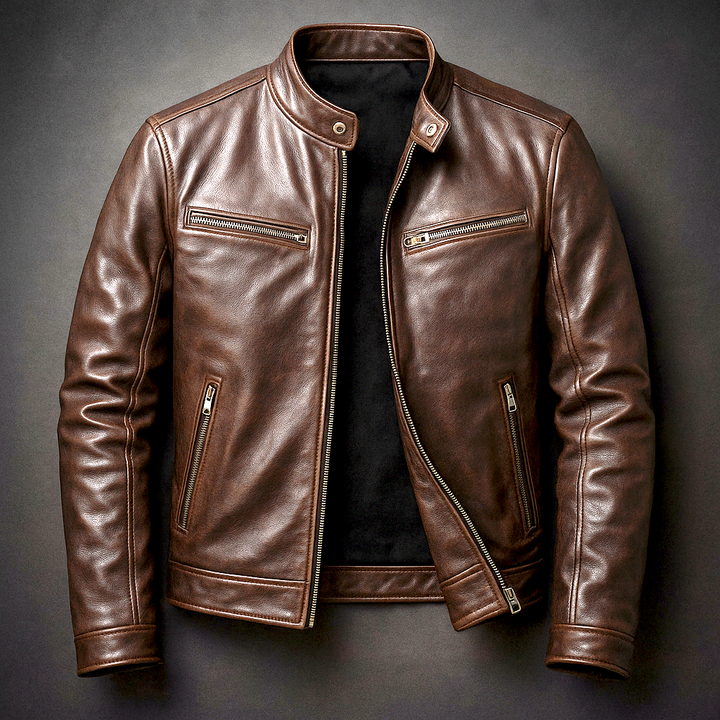Men's Classic Faux Leather Zip-Up Biker Jacket with Stand Collar