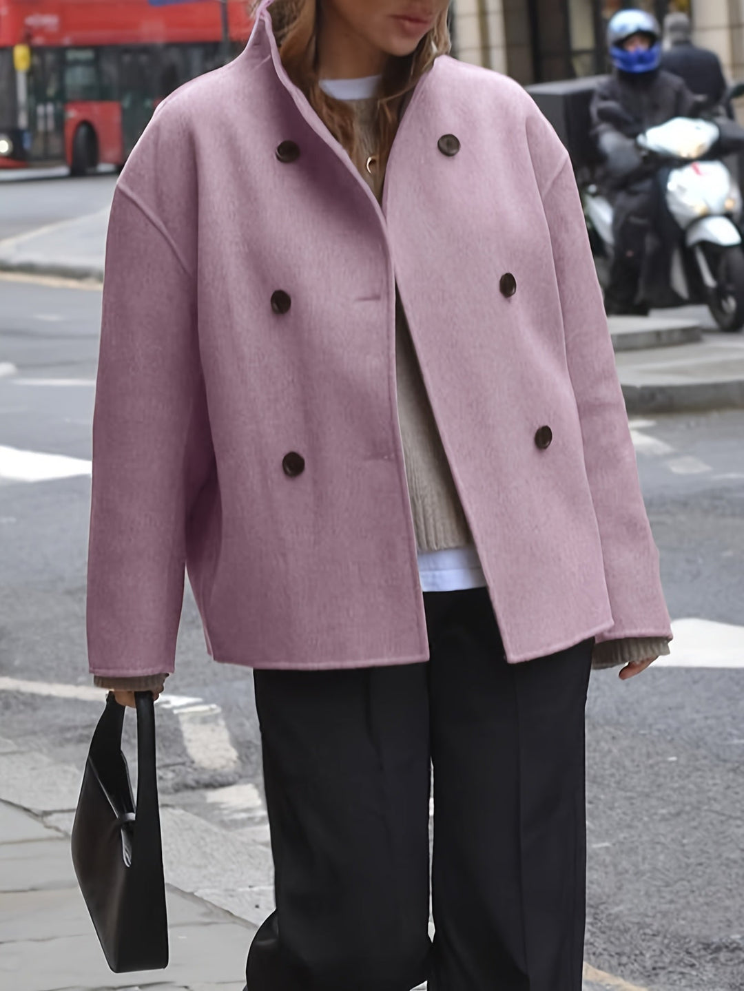 Women's Pretty Cropped Wool Pea Coat with Double-Breasted Closure