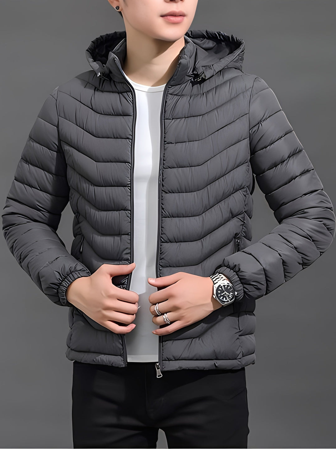 Men's Warm Black Quilted Hooded Puffer Jacket
