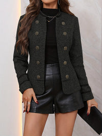 Women's Chic Black Mock Neck Cropped Double Breasted Pea Coat