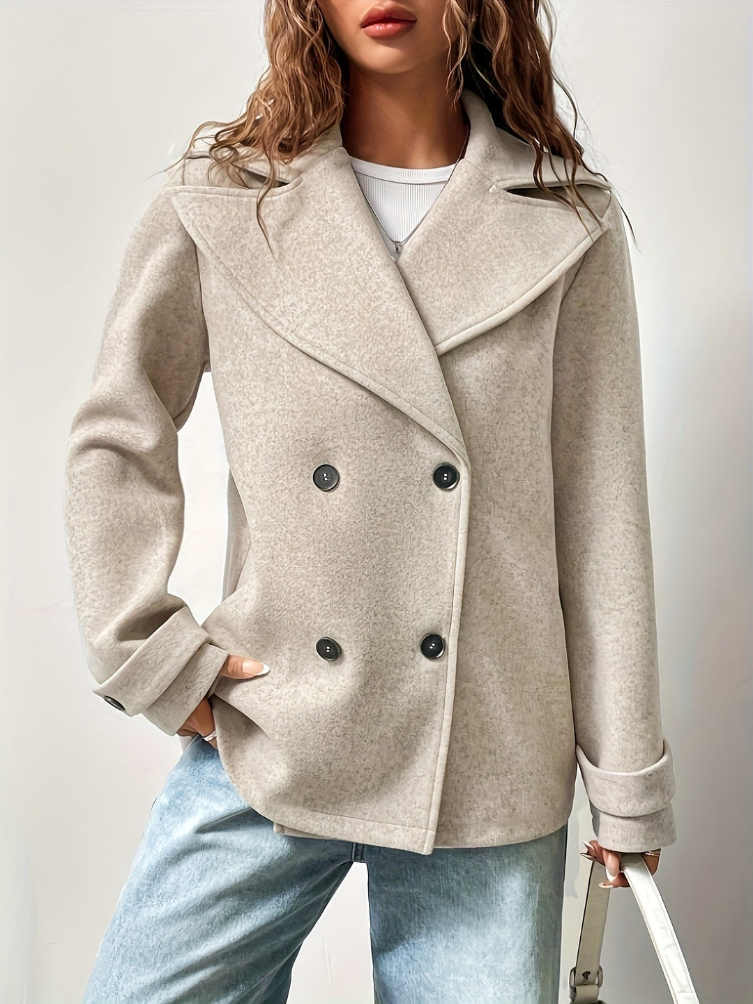 Women's Sophisticated Beige Double Breasted Wool Fleece Pea Coat
