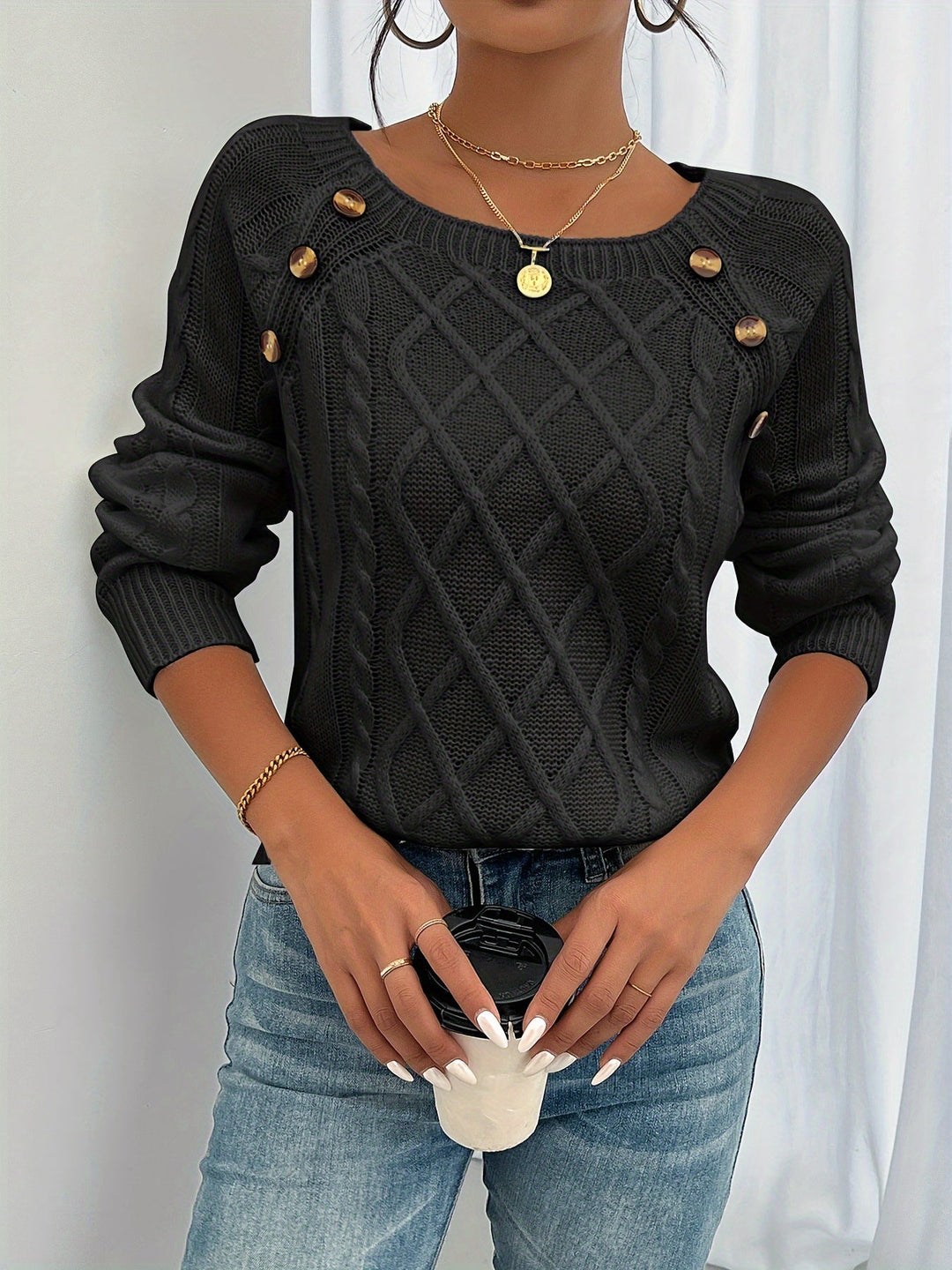 Women's Elegant Cable Knit Crewneck Sweater with Button Detail