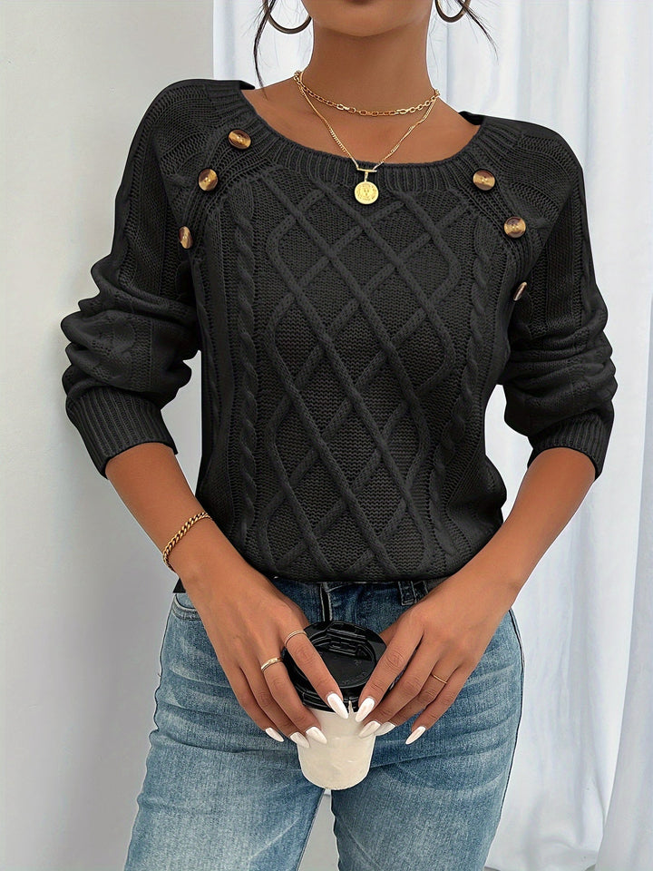 Women's Elegant Cable Knit Crewneck Sweater with Button Detail