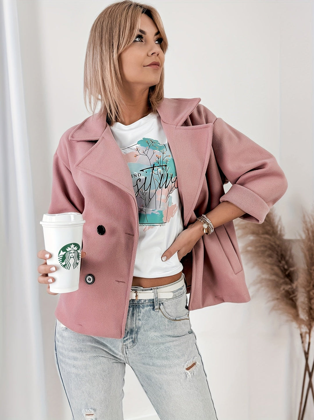 Women's Lightweight Pink Cropped Double-Breasted Pea Coat