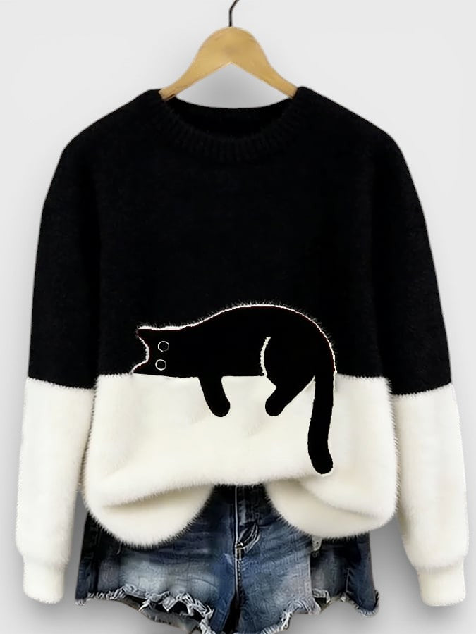 Women's Classic Cotton Crewneck Sweater with Fluffy Color Block Design