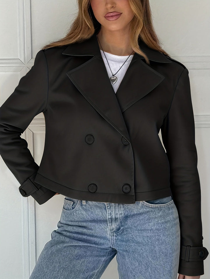 Women's Classic Brown Cropped Double-Breasted Pea Coat