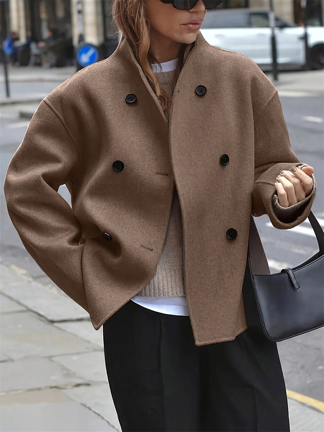 Women's Stylish Camel Wool Double-Breasted Pea Coat