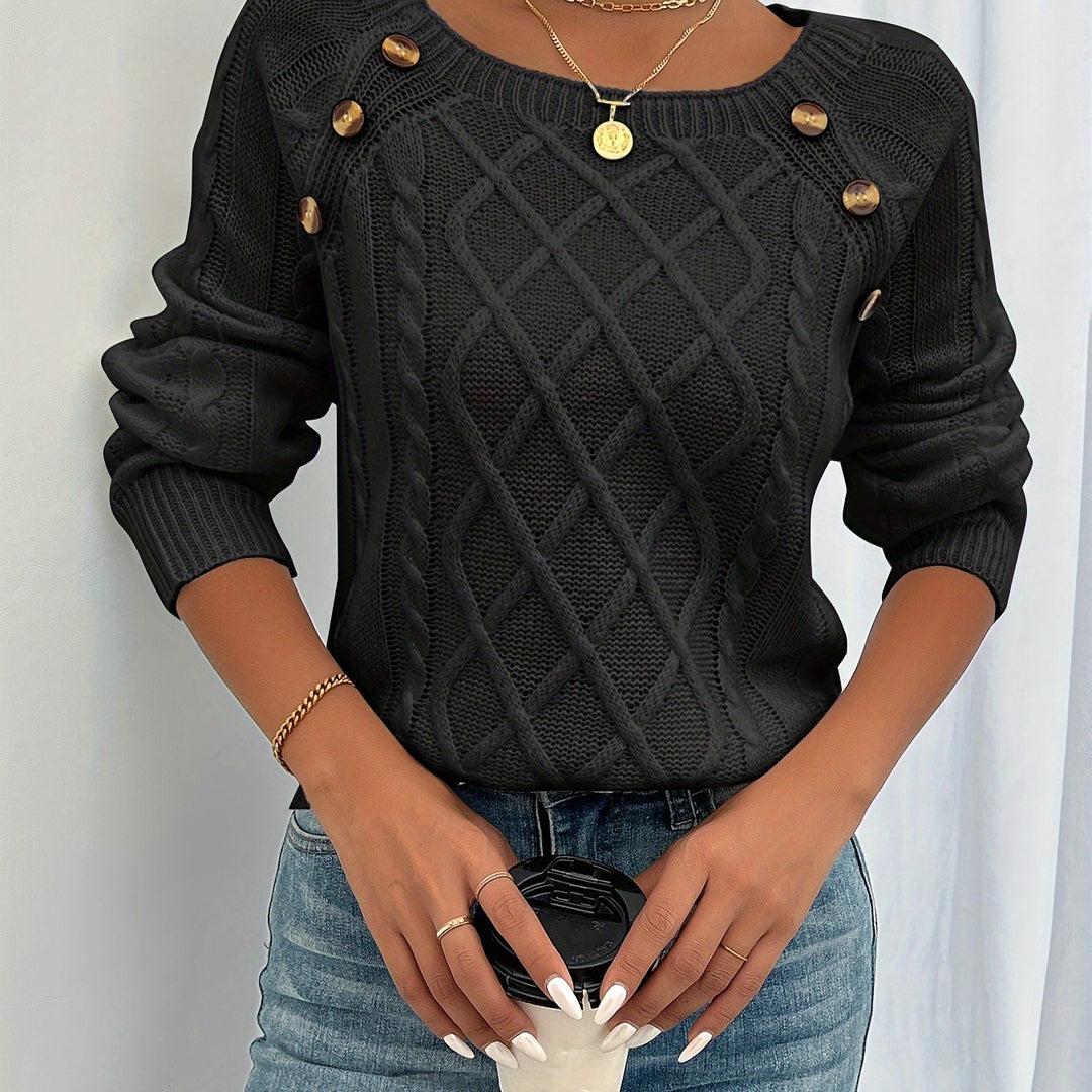 Women's Elegant Cable Knit Crewneck Sweater with Button Detail