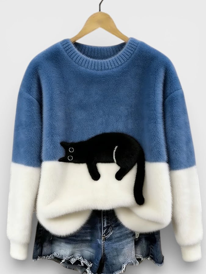 Women's Classic Cotton Crewneck Sweater with Fluffy Color Block Design