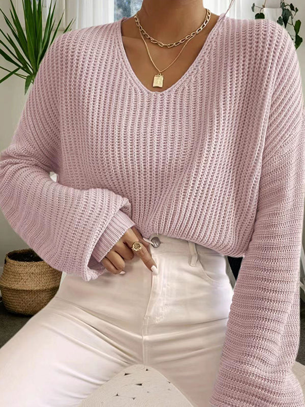 Women's Lightweight Waffle Knit V Neck Sweater with Relaxed Fit