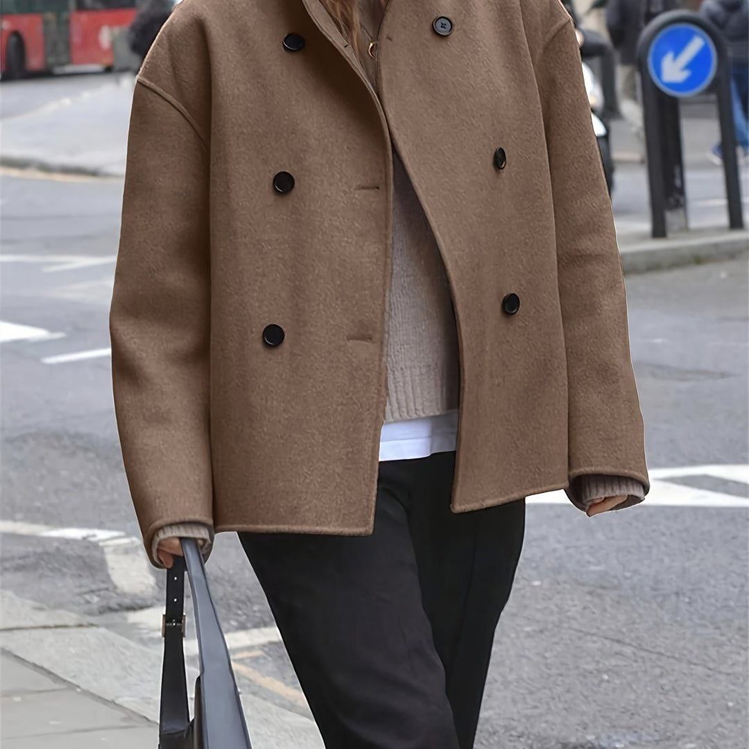 Women's Stylish Camel Wool Double-Breasted Pea Coat