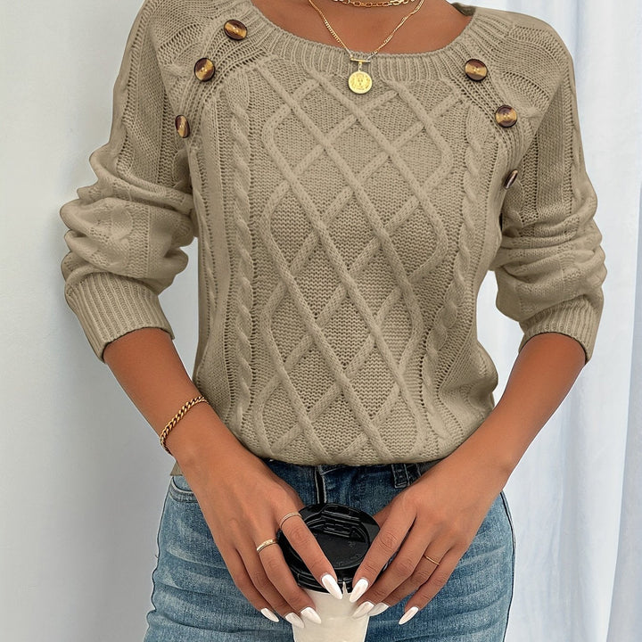 Women's Elegant Cable Knit Crewneck Sweater with Button Detail