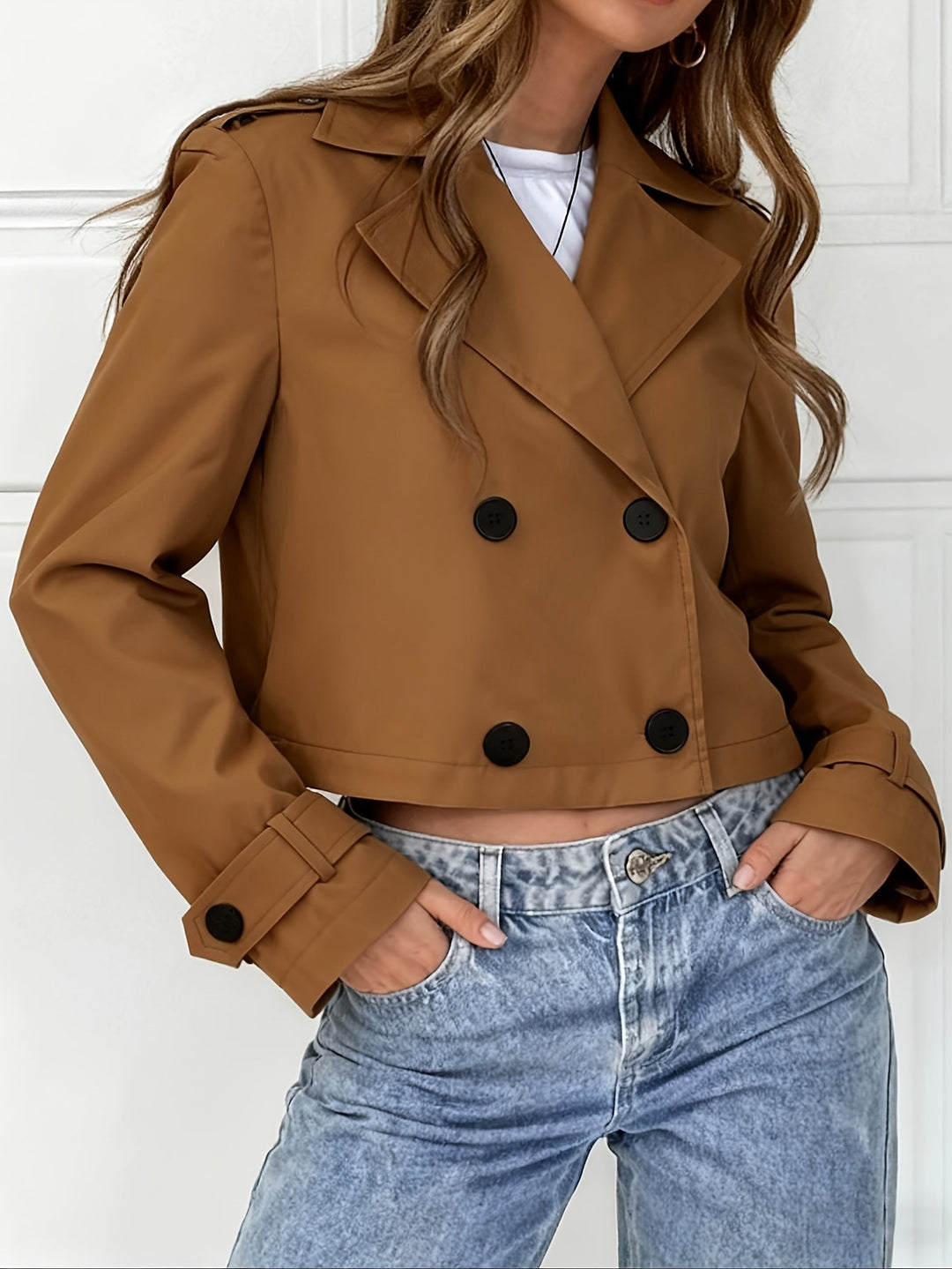Women's Classic Brown Cropped Double-Breasted Pea Coat