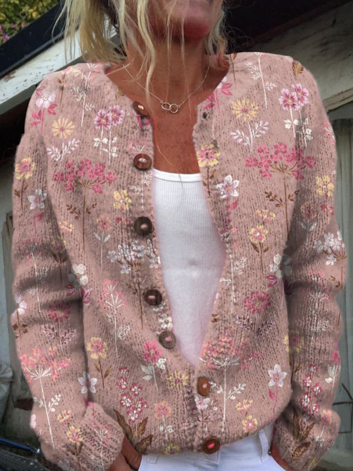 Women's Elegant Floral Knit Cardigan with Button-Up Front