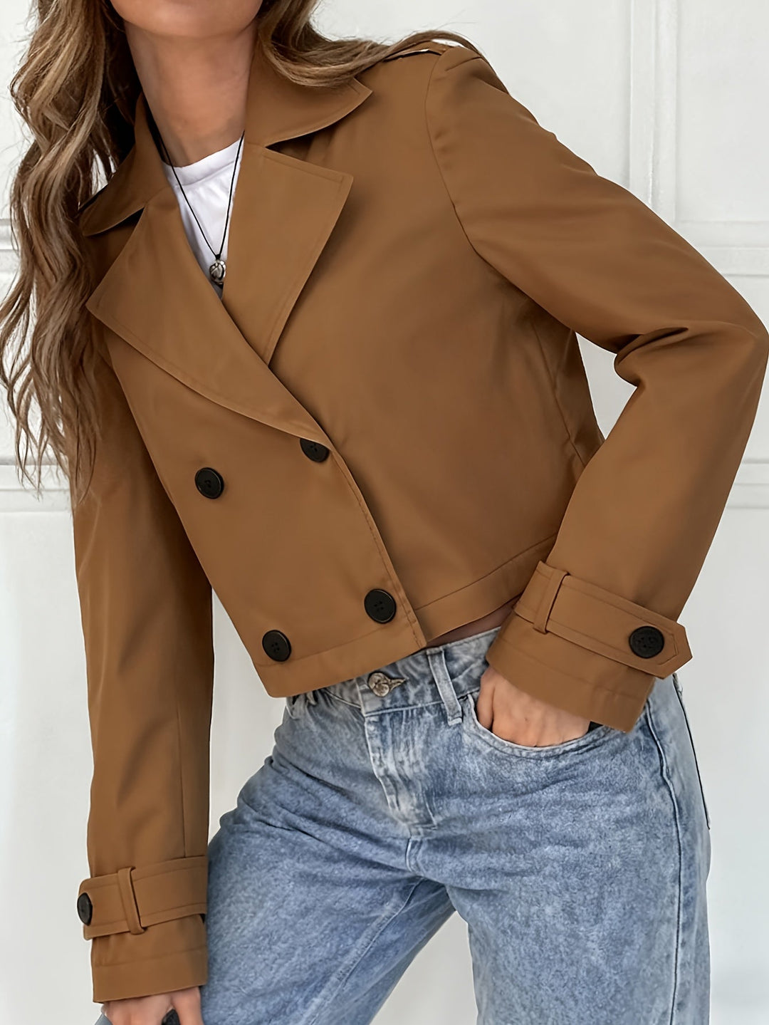 Women's Classic Brown Cropped Double-Breasted Pea Coat