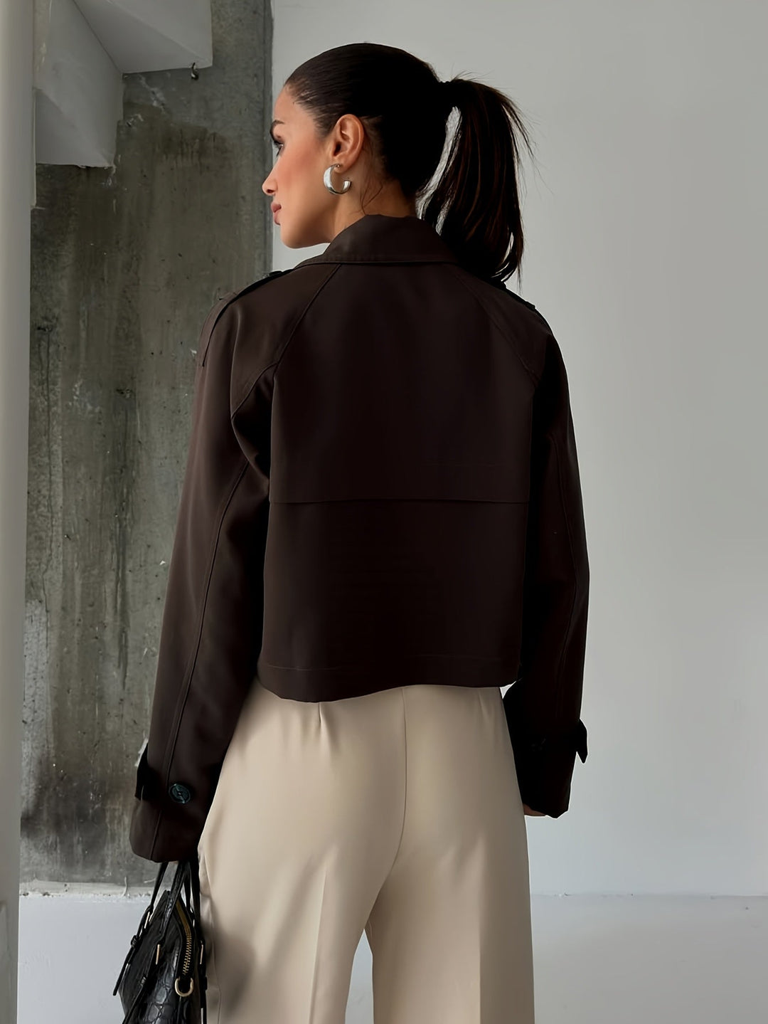 Women's Elegant Double-Breasted Brown Pea Coat