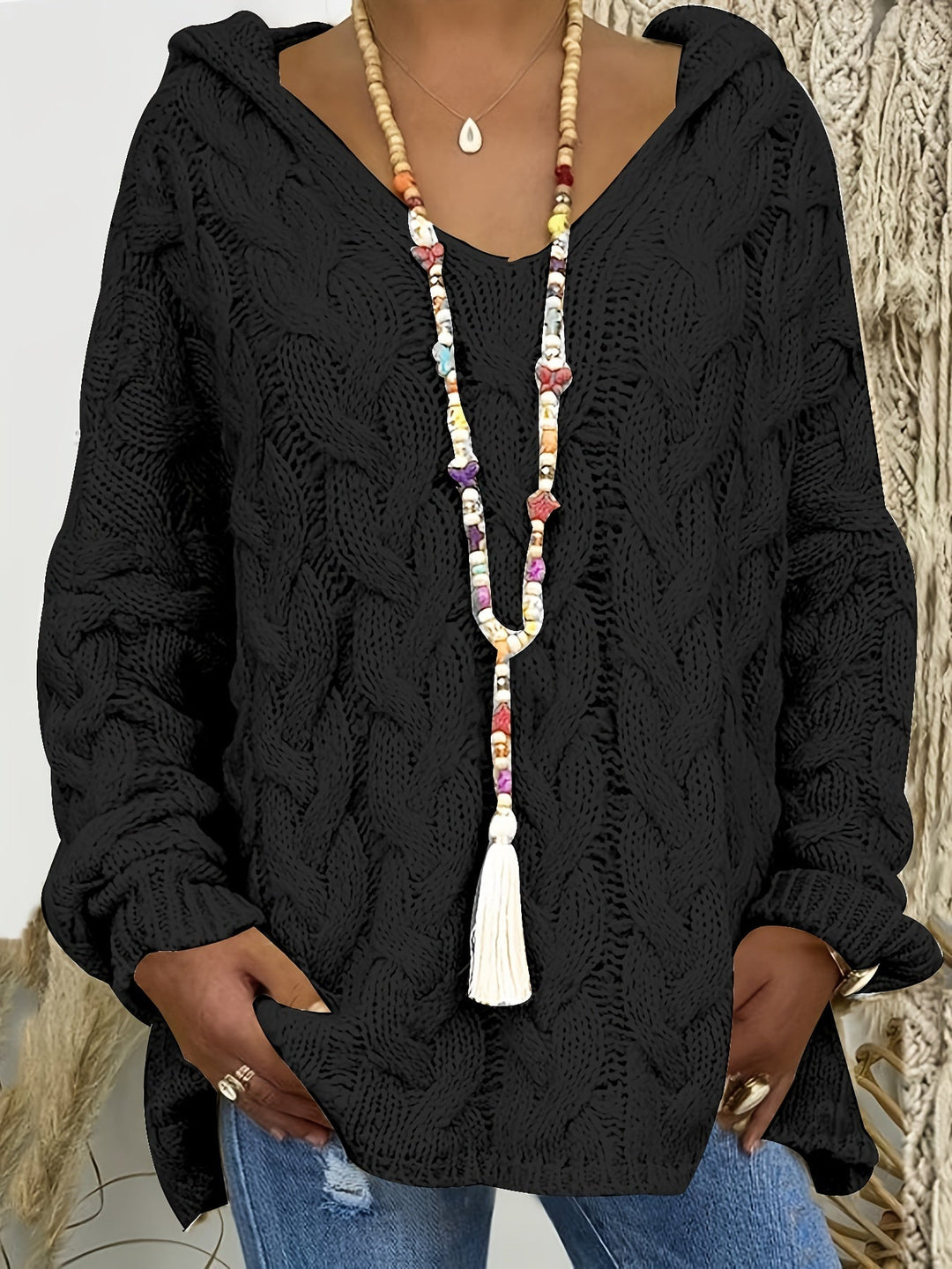 Women's Relaxed Cable Knit V-Neck Sweater