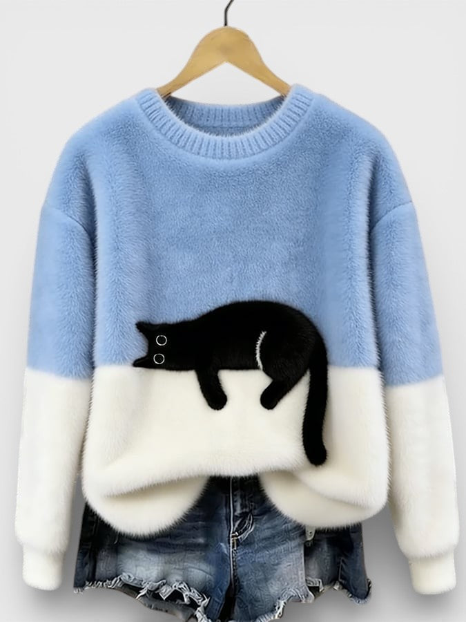 Women's Classic Cotton Crewneck Sweater with Fluffy Color Block Design