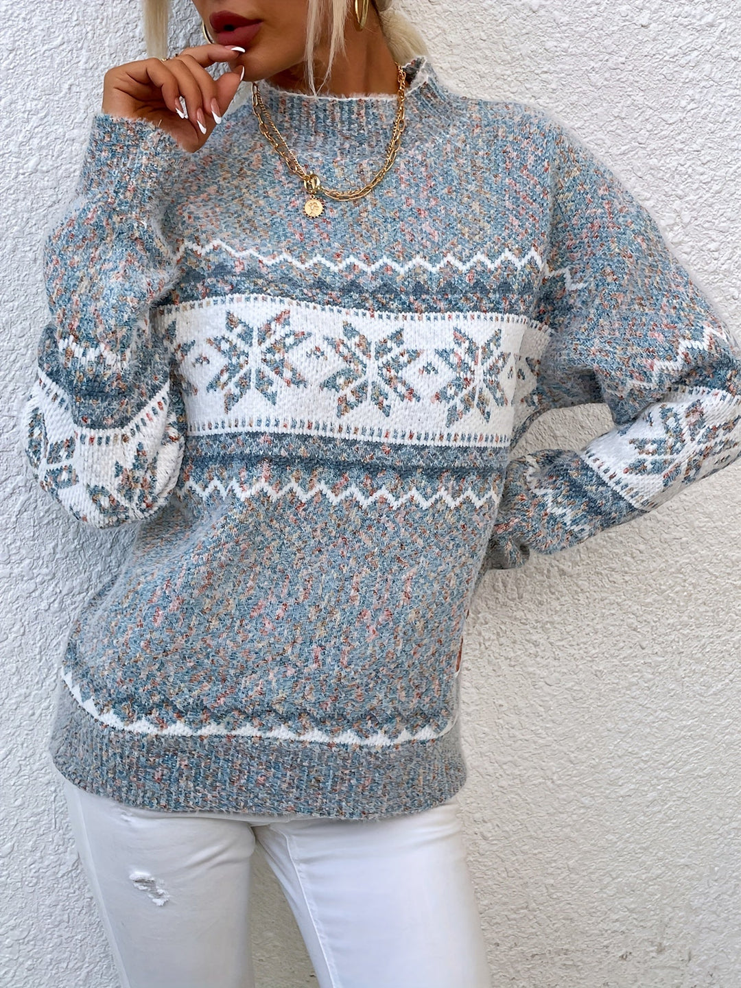 Women's Graceful Mock Neck Fair Isle Knit Sweater