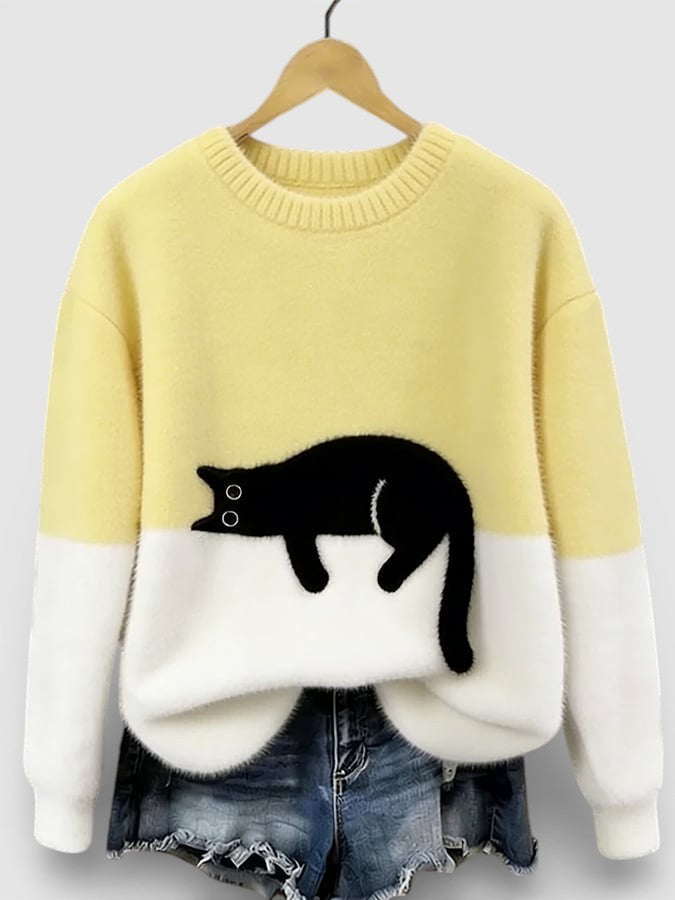 Women's Classic Cotton Crewneck Sweater with Fluffy Color Block Design