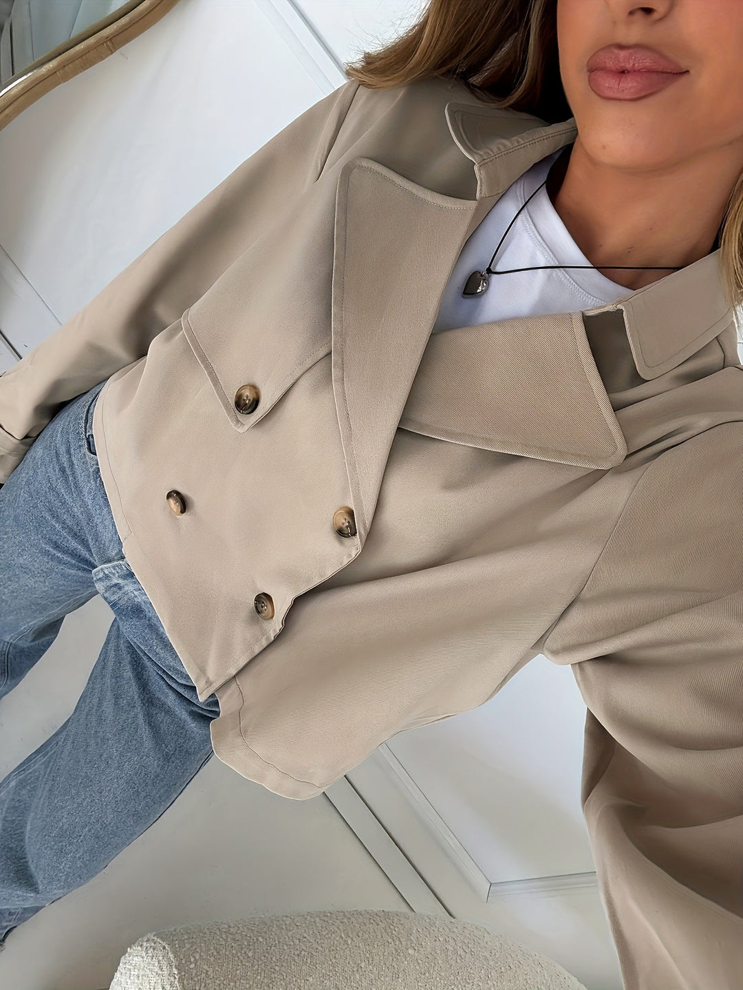 Women's Chic Khaki Faux Leather Pea Coat