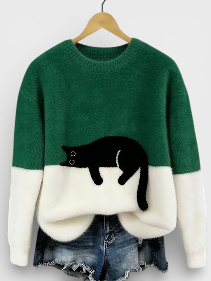 Women's Classic Cotton Crewneck Sweater with Fluffy Color Block Design