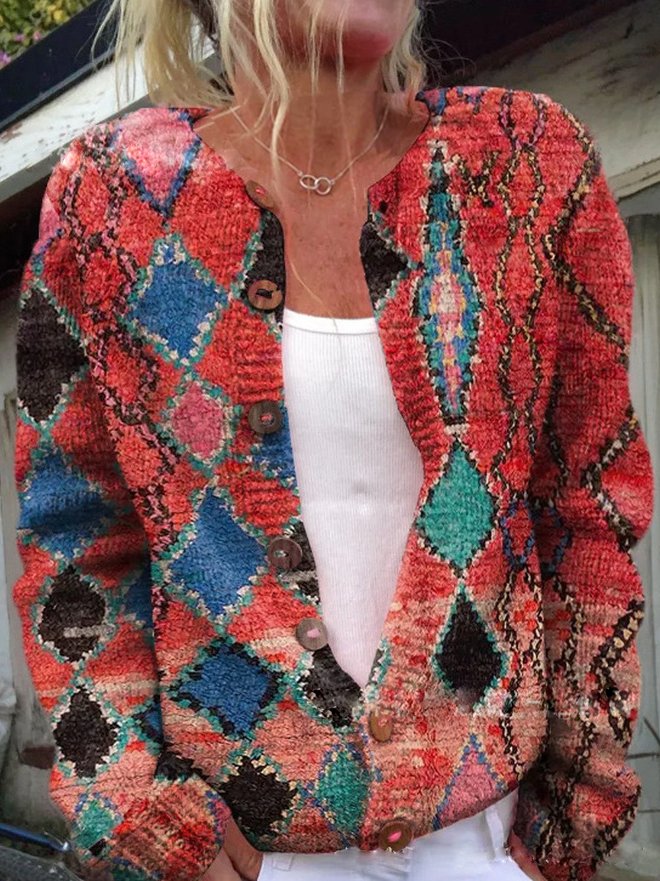 Women's Elegant Floral Knit Cardigan with Button-Up Front
