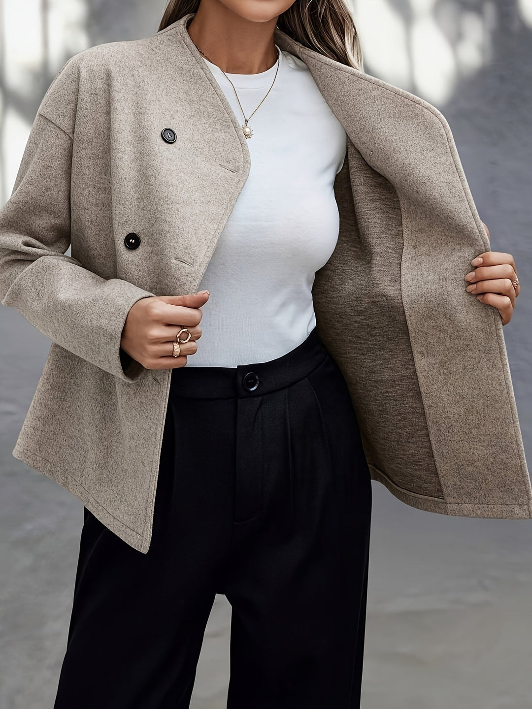 Women's Elegant Double-Breasted Oversized Wool Pea Coat