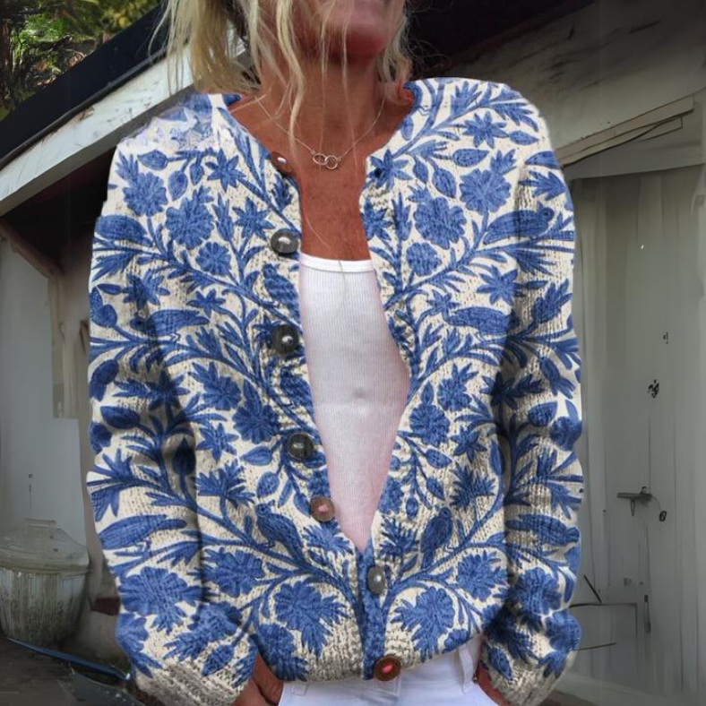 Women's Elegant Floral Knit Cardigan with Button-Up Front