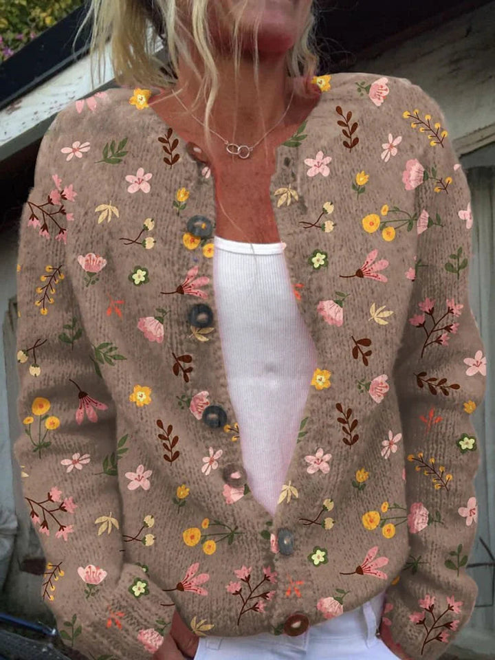 Women's Elegant Floral Knit Cardigan with Button-Up Front