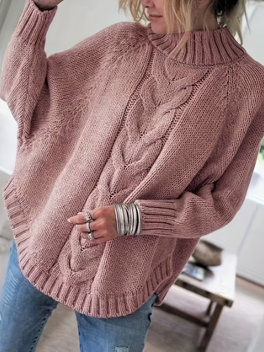 Women's Timeless Cable Knit Mock Neck Sweater