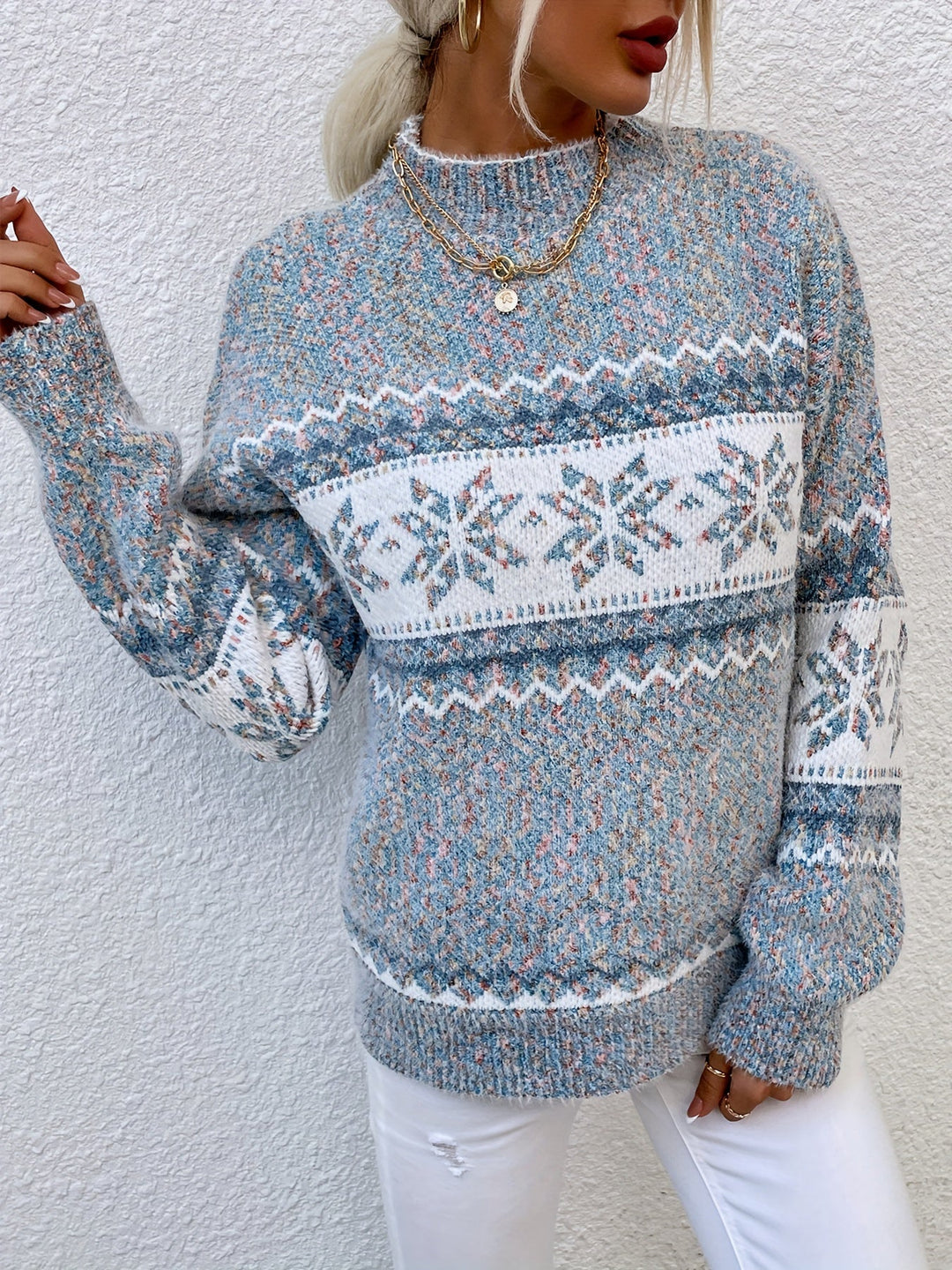 Women's Graceful Mock Neck Fair Isle Knit Sweater