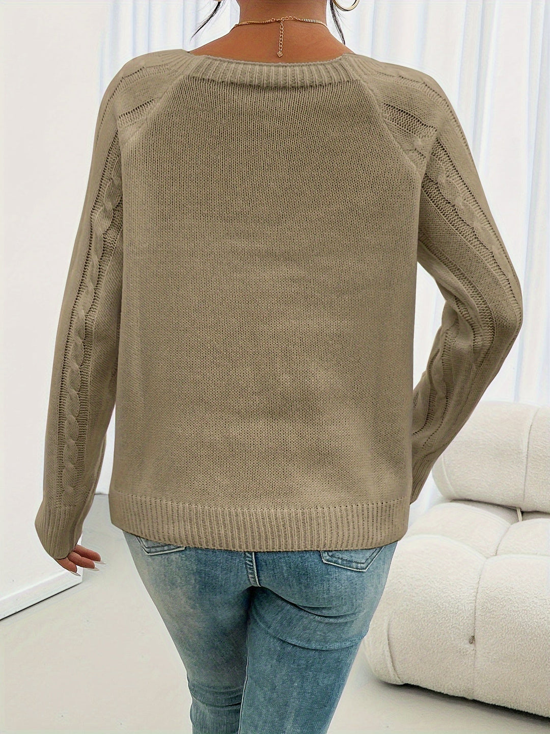 Women's Elegant Cable Knit Crewneck Sweater with Button Detail