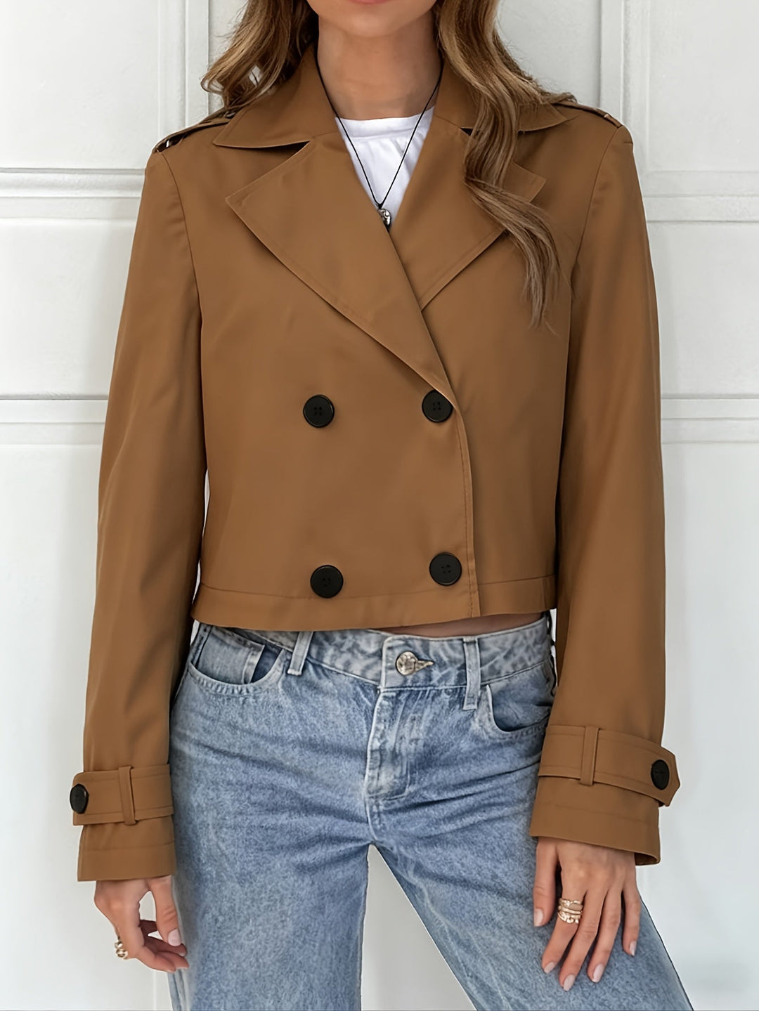 Women's Classic Brown Cropped Double-Breasted Pea Coat