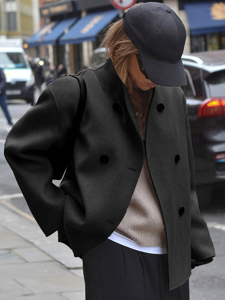 Women's Pretty Cropped Wool Pea Coat with Double-Breasted Closure