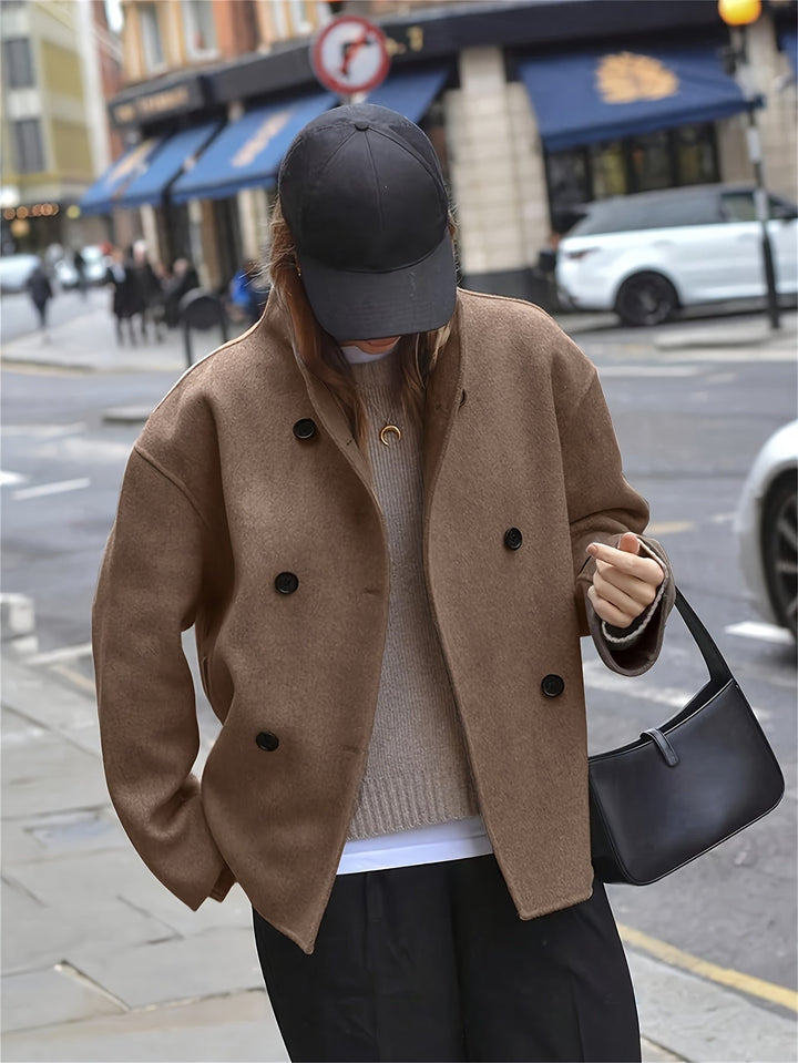 Women's Stylish Camel Wool Double-Breasted Pea Coat