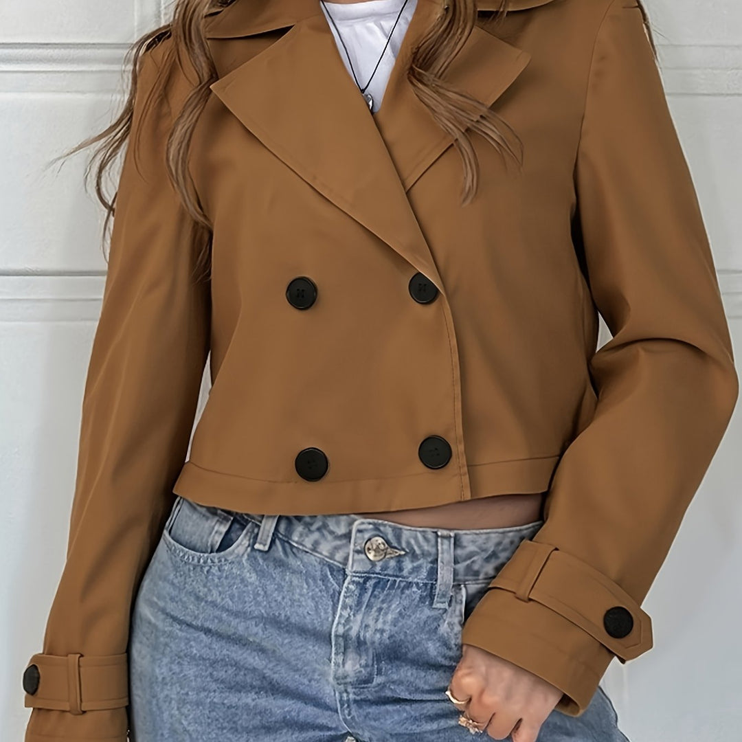 Women's Classic Brown Cropped Double-Breasted Pea Coat