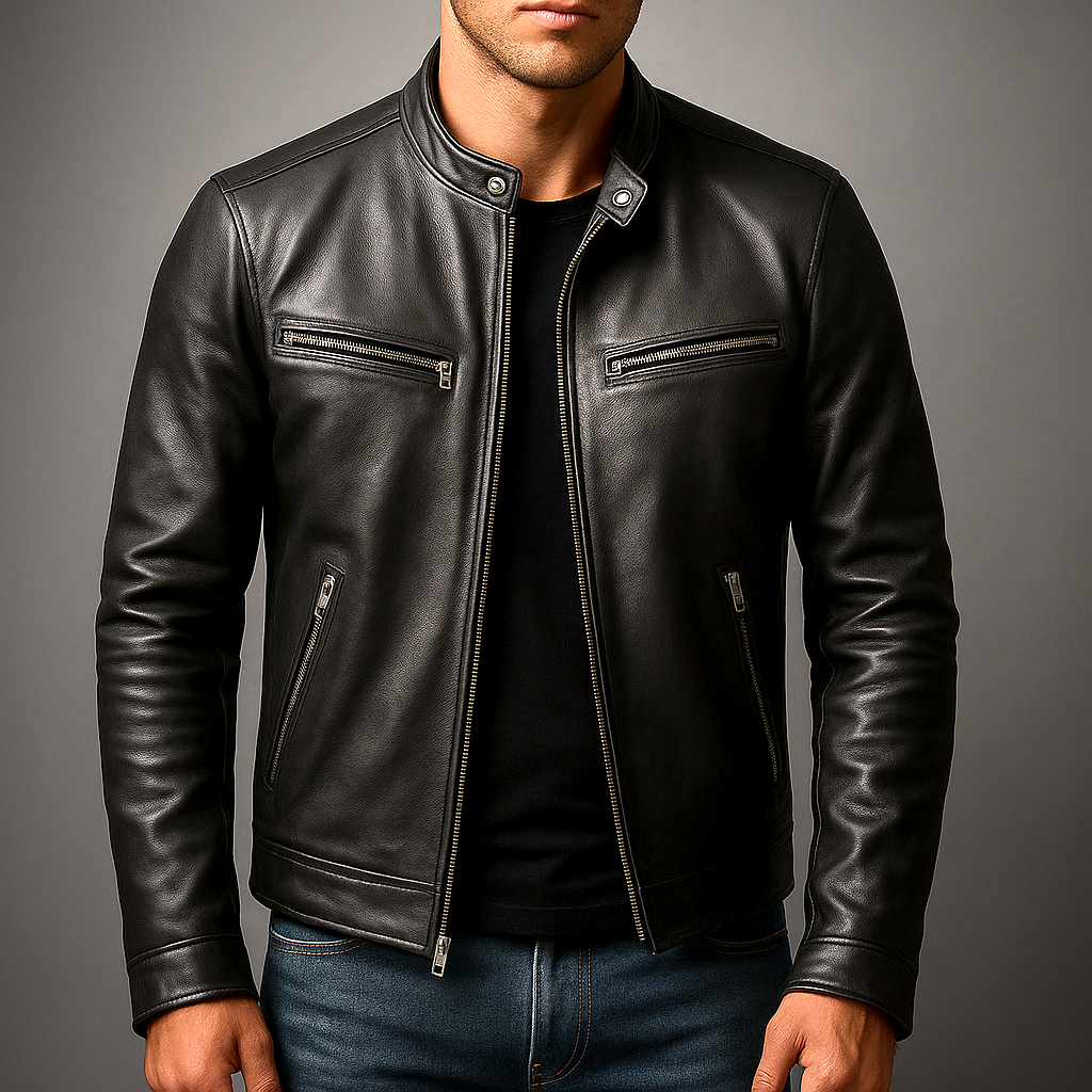 Men's Classic Faux Leather Zip-Up Biker Jacket with Stand Collar